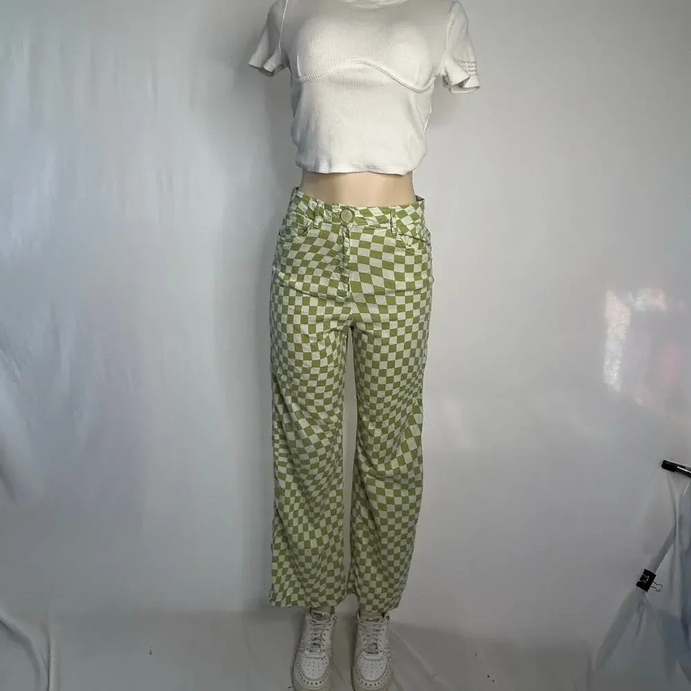 Zara Green White Checkerboard Wide Leg Pants Women’s L High Rise Linen Blend